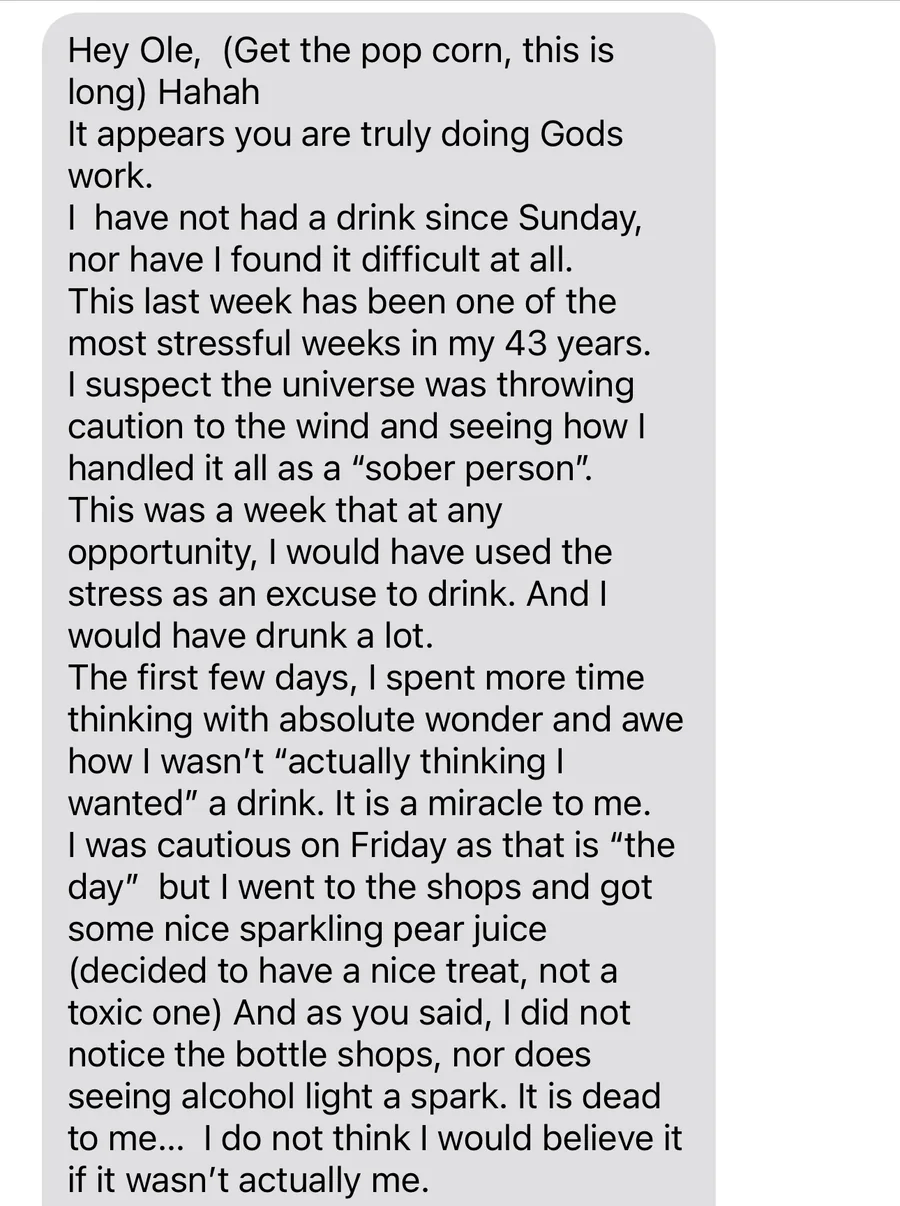 Client testimonial — alcohol free after one session