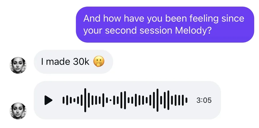 Client testimonial — melody entrepreneur after second session