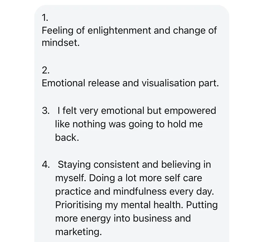 Client testimonial — session feedback 10 10