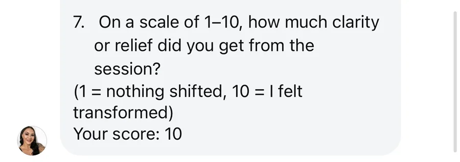 Client testimonial — session feedback 10 10
